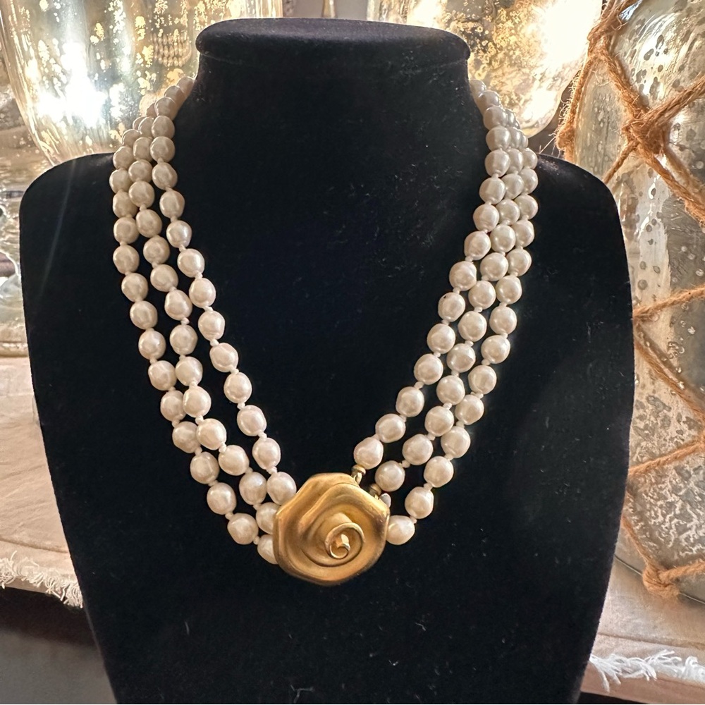 GIVENCHY | Vintage Three Strand Pearl Necklace with Gold Tone Rose Clasp